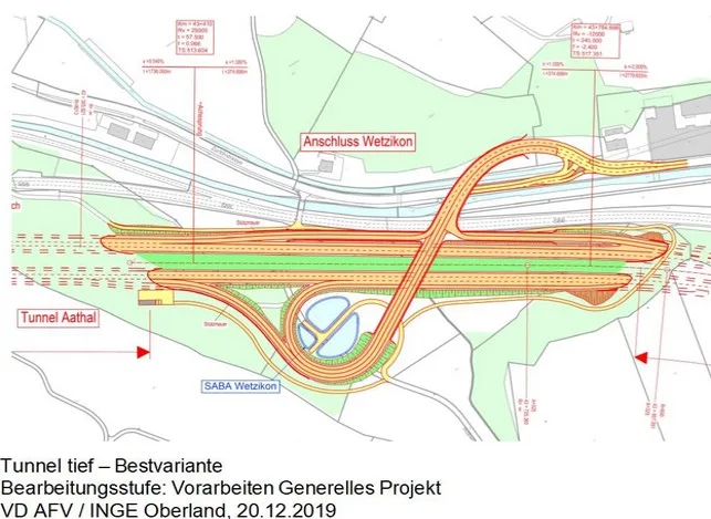 Plan für einen Autobahnanschluss Wetzikon in der Cherschibe zwischen Aathal und Wetzikon, ausgearbeitet vom Astra für die Variante Tunnel tief.